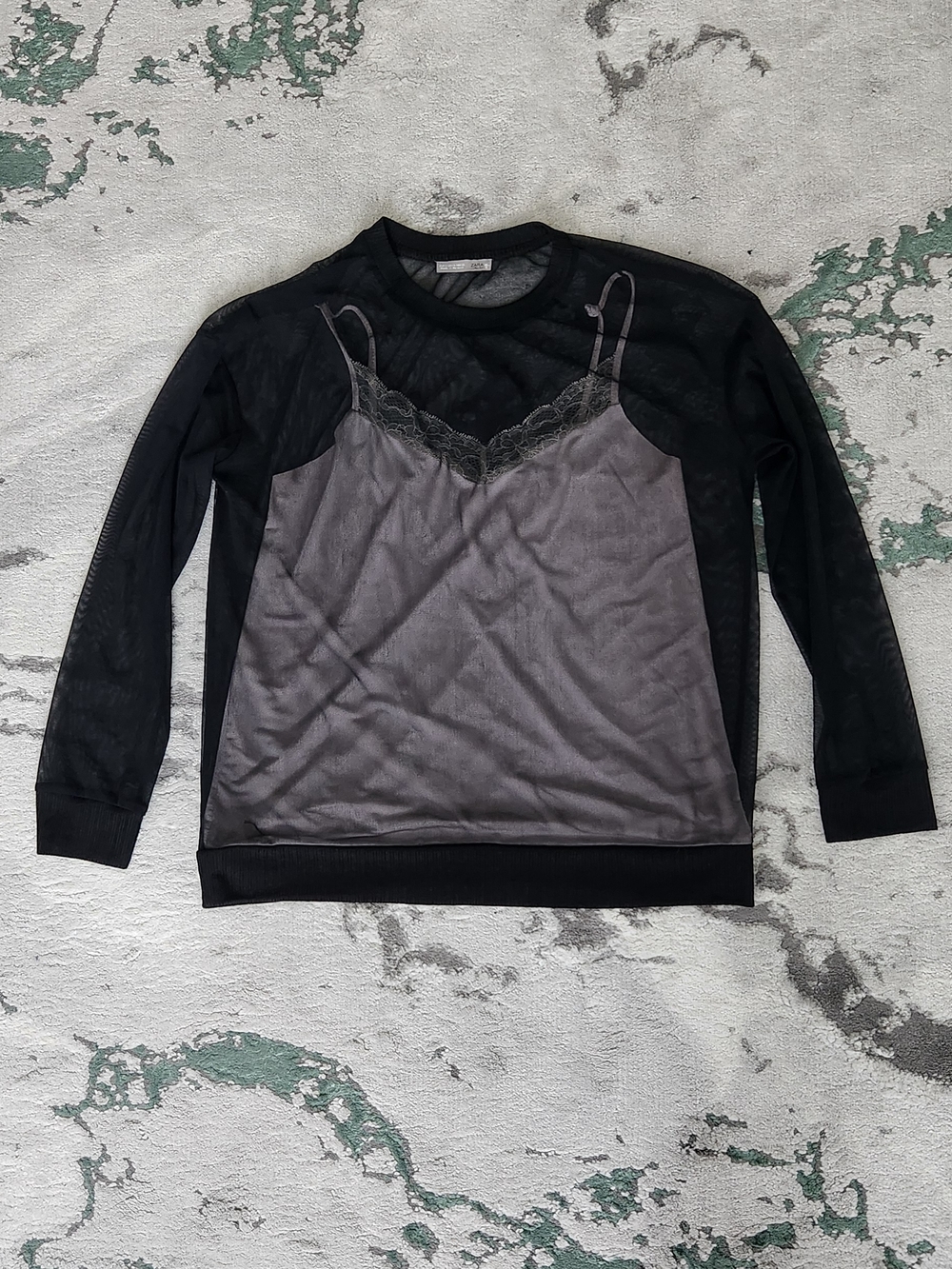 Zara Black Sheer Mesh Top with Ribbed Neck